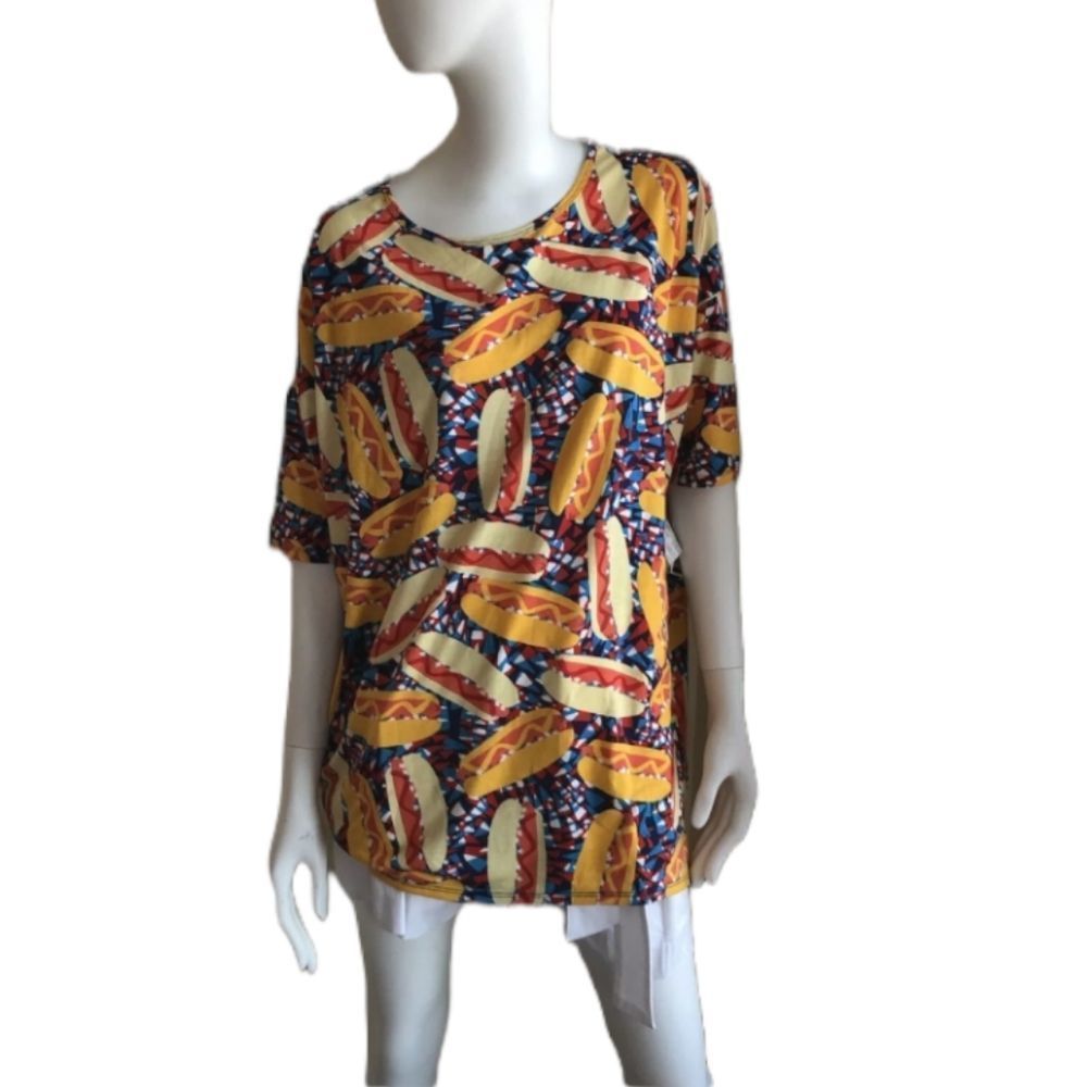 LULAROE Hi-Low Patriotic American Hotdog Cookout 4th of July "Irma" Shirt XS‎